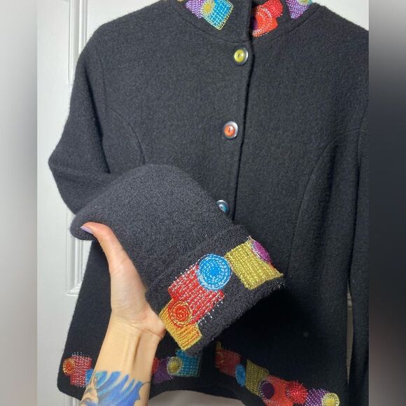 Icelandic Design | Wool Embroidered Button Down Jacket Black Multicolor Small - Picture 6 of 11